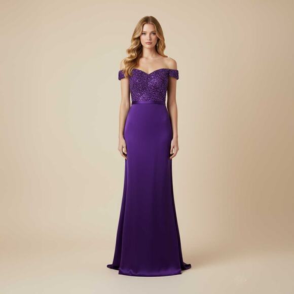 Purple Off the Shoulder Lace Sleek Prom Evening Dress XH1027 - Picture 1 of 2
